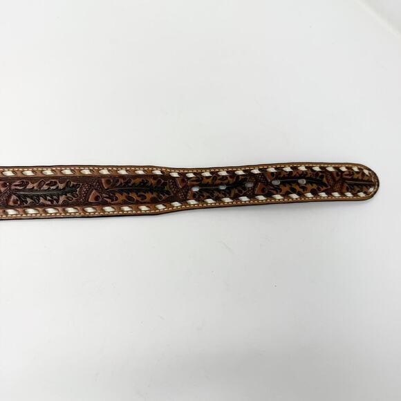 Tory Full Grain Cowhide Brown Leather Tooled Acorn Oak Leaf Laced Belt Size 30 - Picture 9 of 12